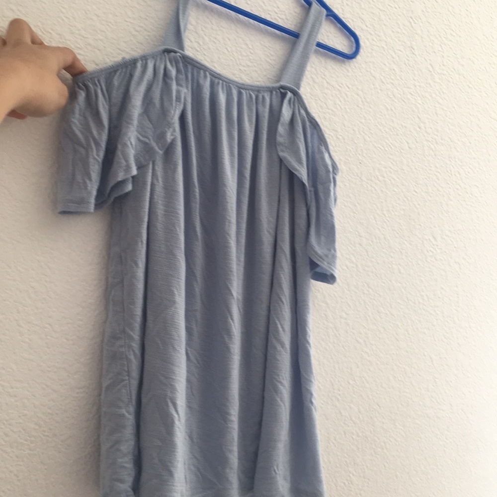 pastel blue flowy off the shoulder shirt